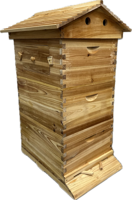 3-Box Beehive Full Kit - Auto-Flow Honey Super + 2 Brood Boxes (Waxed)