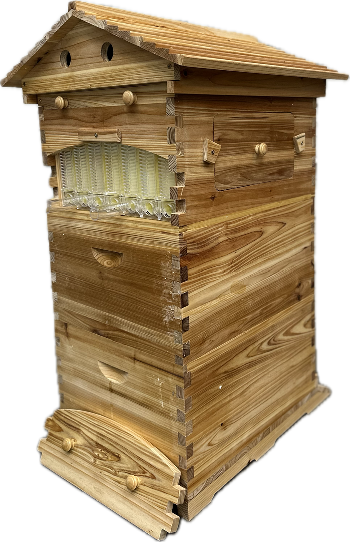 3-Box Beehive Full Kit - Auto-Flow Honey Super + 2 Brood Boxes (Waxed)